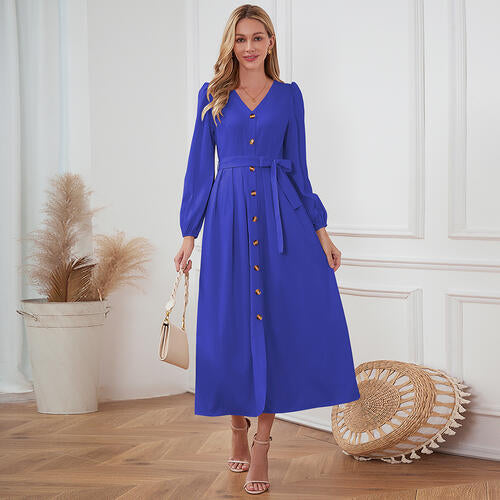 Women's Maxi Dress - V-Neck Button Down - Long Sleeve Tie Waist Flowy Fit