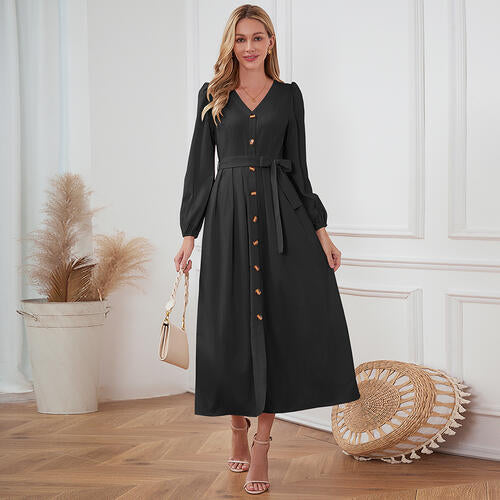 Women's Maxi Dress - V-Neck Button Down - Long Sleeve Tie Waist Flowy Fit