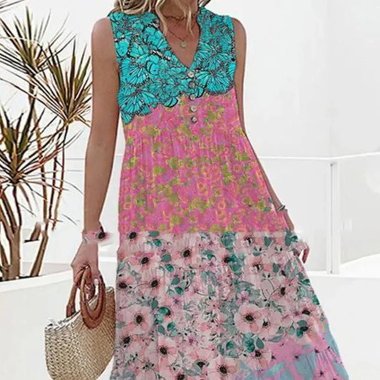 Women's Maxi Dress - Sleeveless V-Neck - Button Front - Lightweight Tiered Flowy
