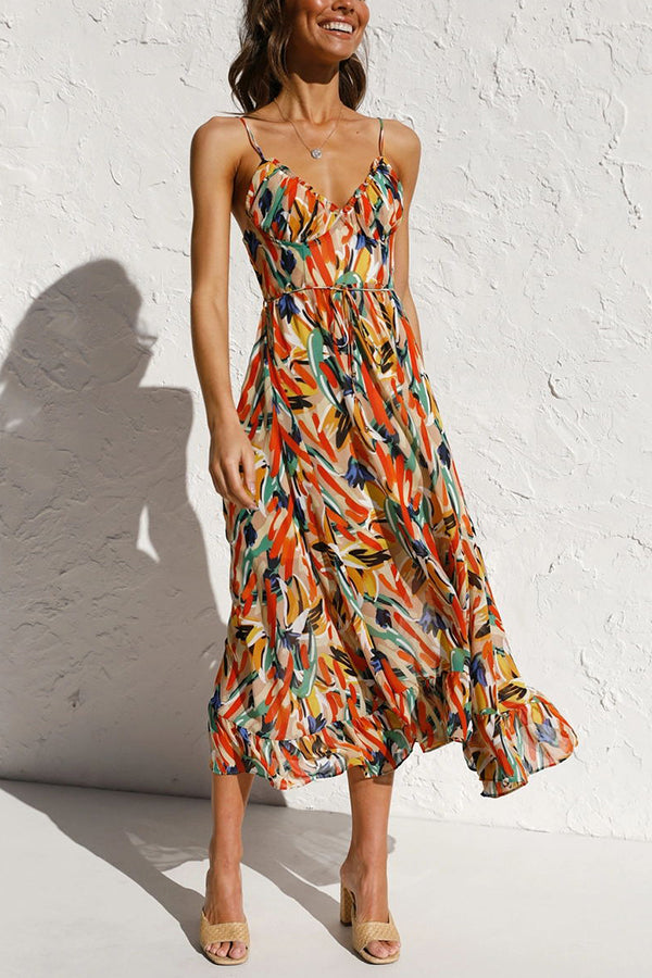 Women's Maxi Dress - Flowing Fit - Spaghetti Straps - Empire Waist - V-Neck Elegant Style