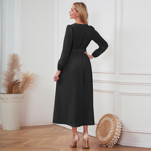 Women's Maxi Dress - V-Neck Button Down - Long Sleeve Tie Waist Flowy Fit