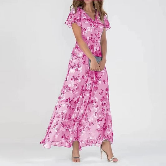 Women's Maxi Dress - Floral Print - V-Neck - Short Flutter Sleeves - Flowy Elegant Style